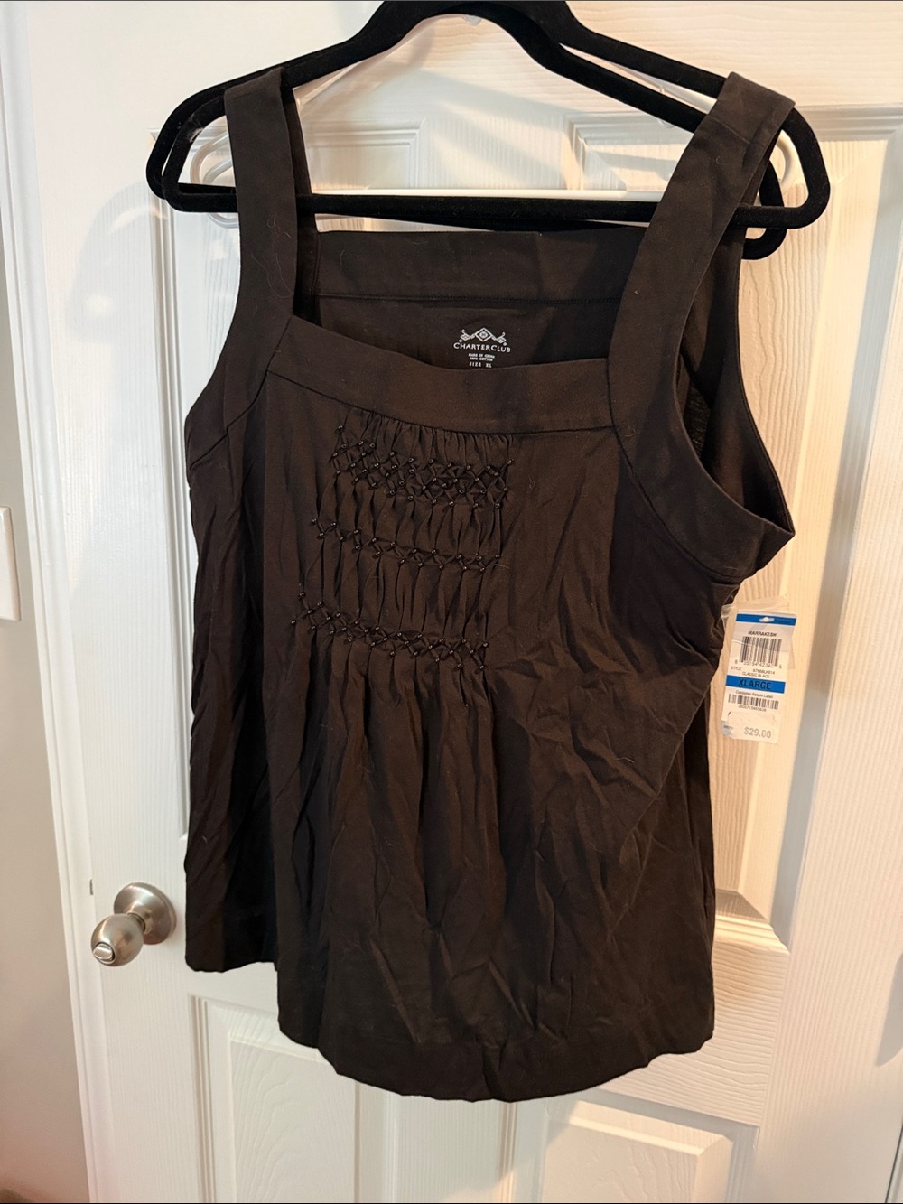 Charter Club Black Smocked Square Neck Sleeveless Tank